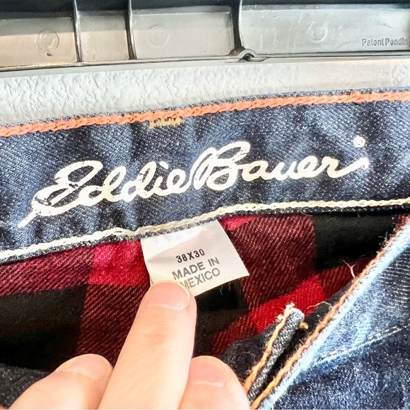 Eddie Bauer Red Flannel Lined Mens 38x30 Straight Fit Blue Jeans High Rise Dark - Picture 3 of 11